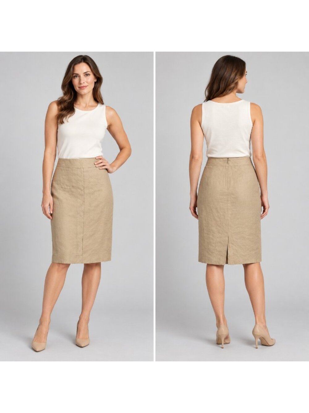 Brooks Brothers 346 Linen Skirt Womens 8 Beige Tan Lined Pencil Midi Office Wear